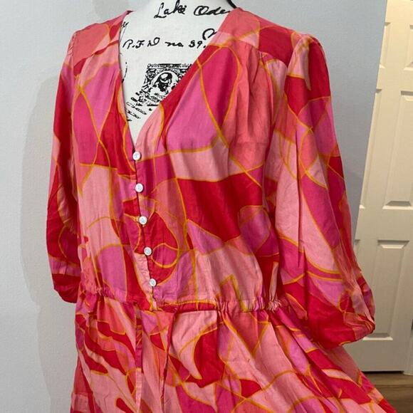SMOCKED MAXI DRESS Sz 3XL PINK/ORANGE TIERED 3/4 Sleeve BOHO CHIC 100% RAYON - Picture 15 of 16